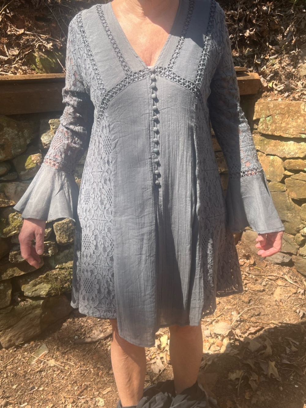 Callie Mac Gray V Neck Lace Bell Sleeve Fit And Flare Dress Size M
